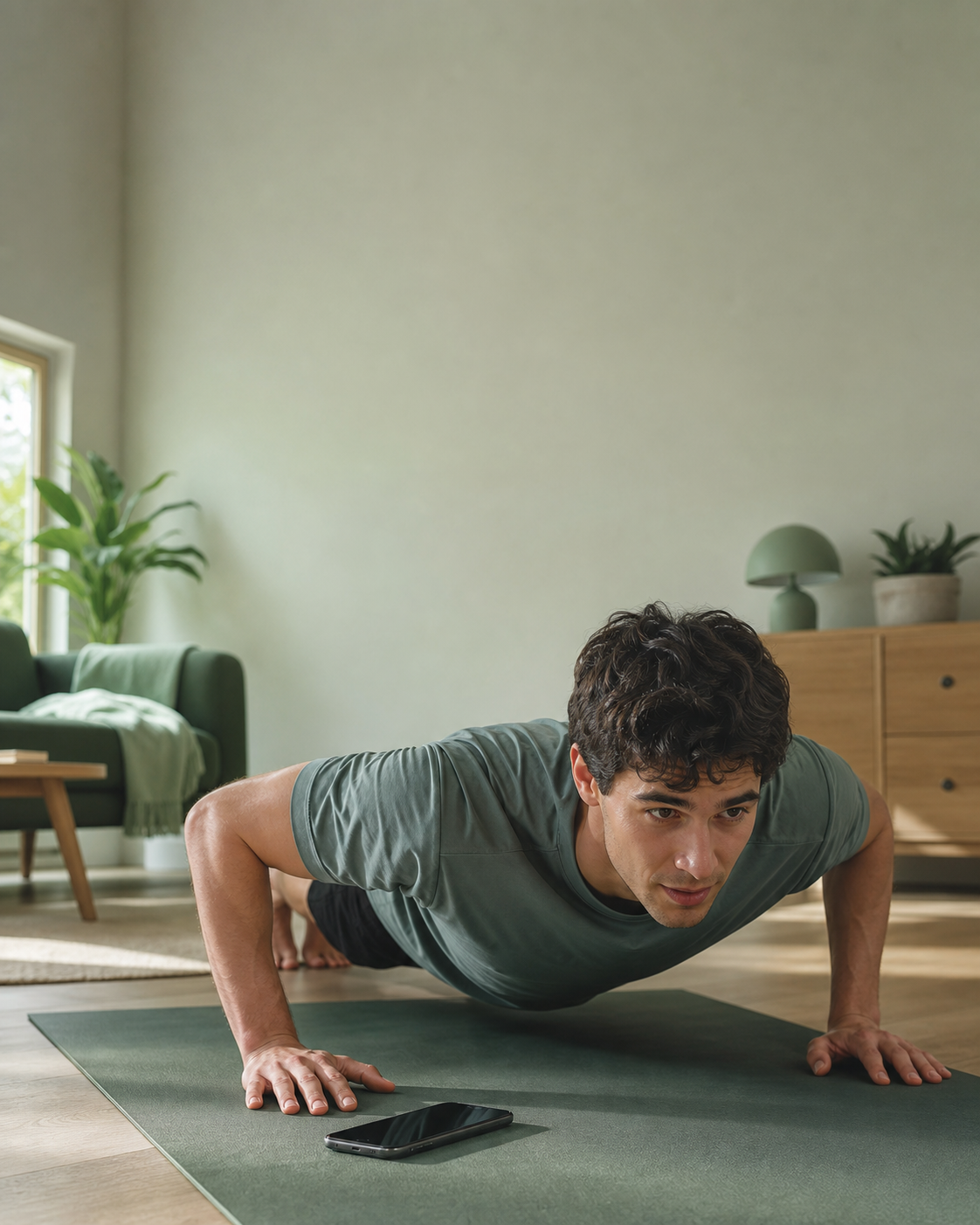 A person taking a quick movement break before using their phone