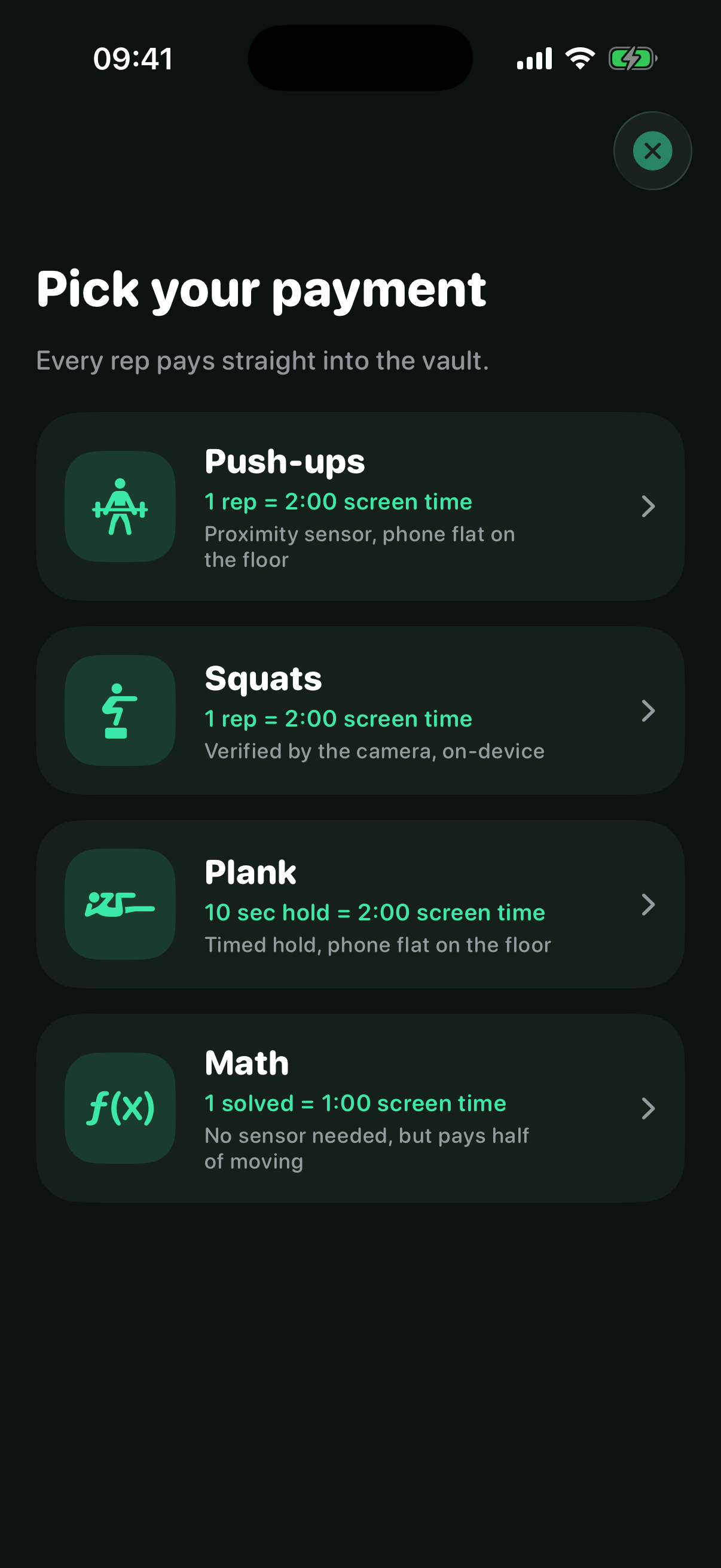 Repay Earn screen with exercise, math and language choices