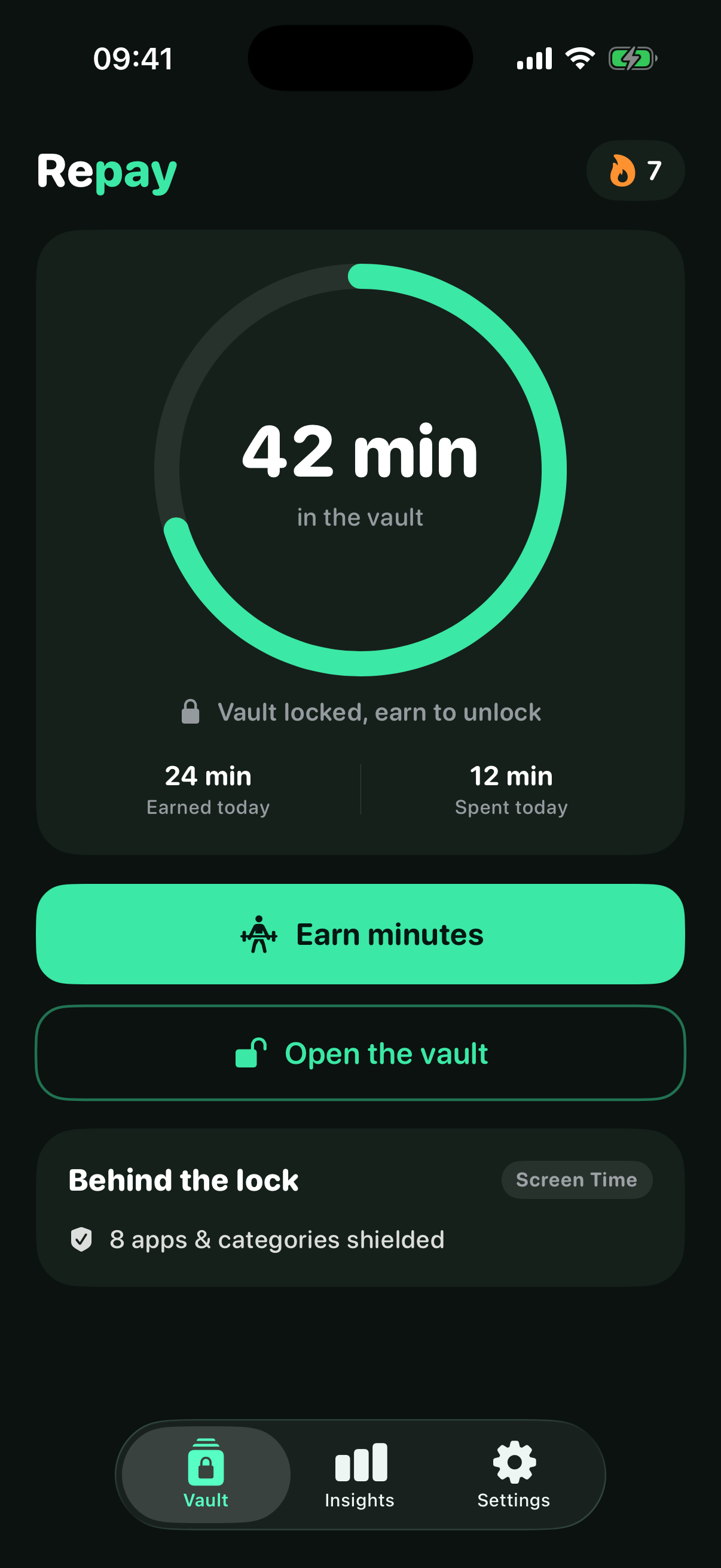 Repay Vault screen showing an earned time balance